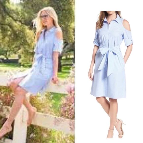 Draper James cold shoulder‎ blue striped midi shirt dress size 10 - Picture 1 of 9